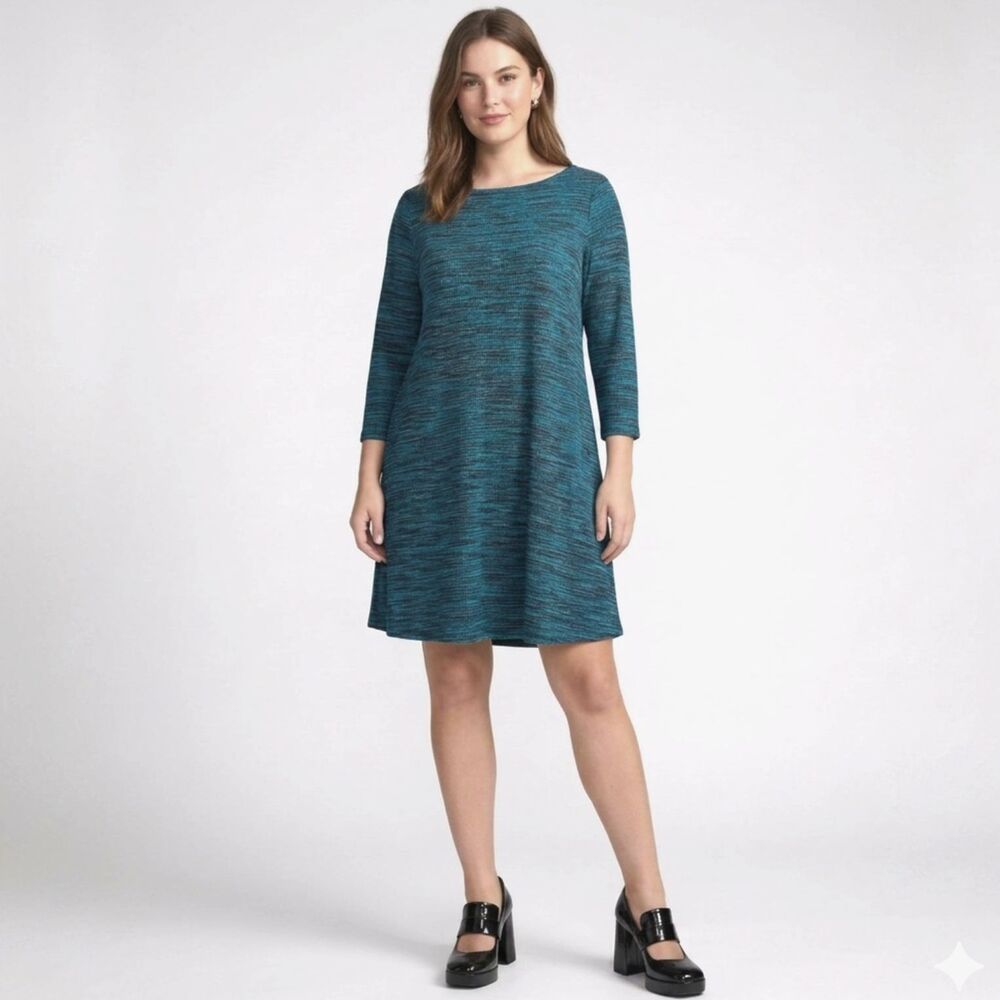 NWT LOFT Niagara Blue Ribbed Spacedye Swing Mini Dress M Long Sleeve Knit Teal